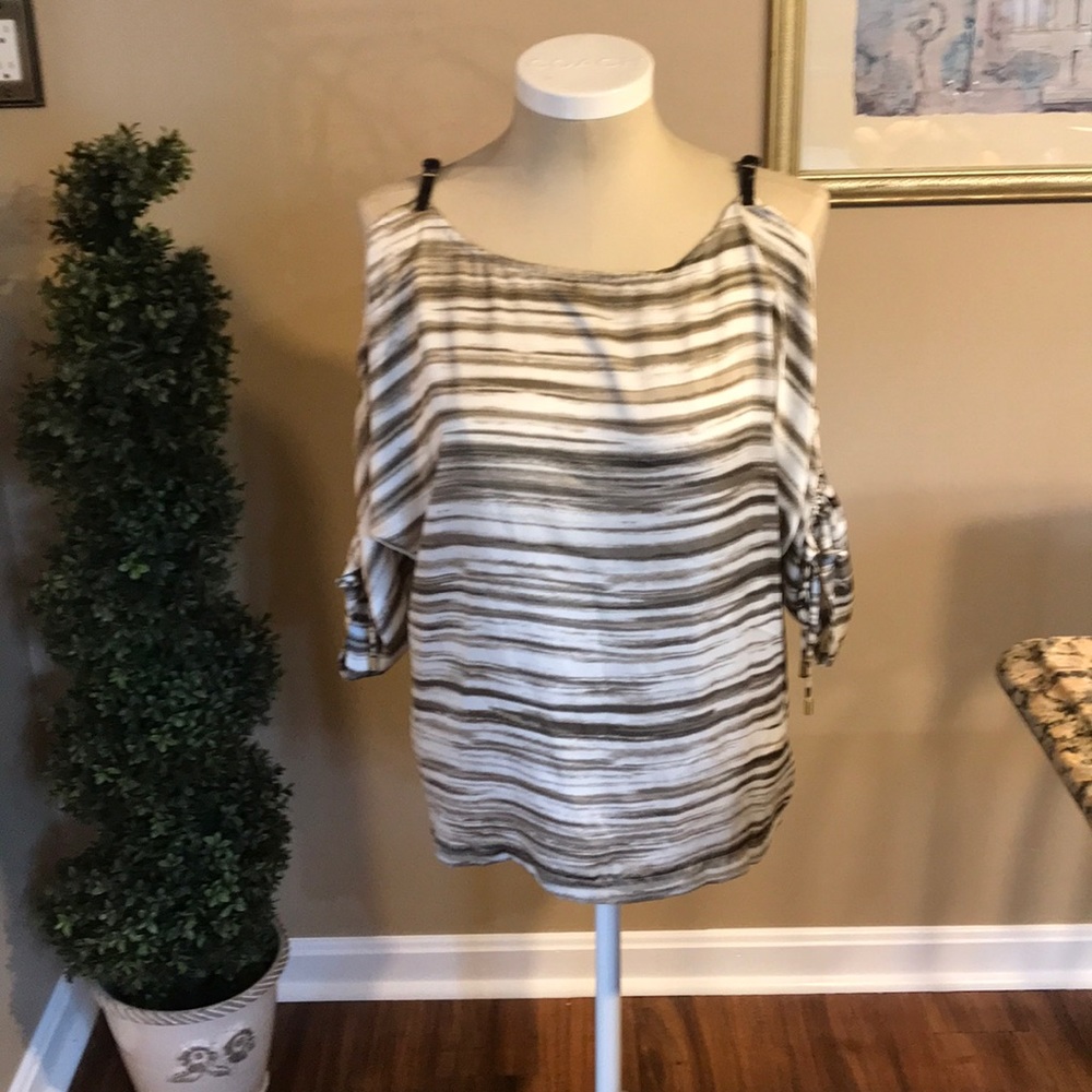 MICHAEL Michael Kors White and Brown Striped Cold-Shoulder Blouse